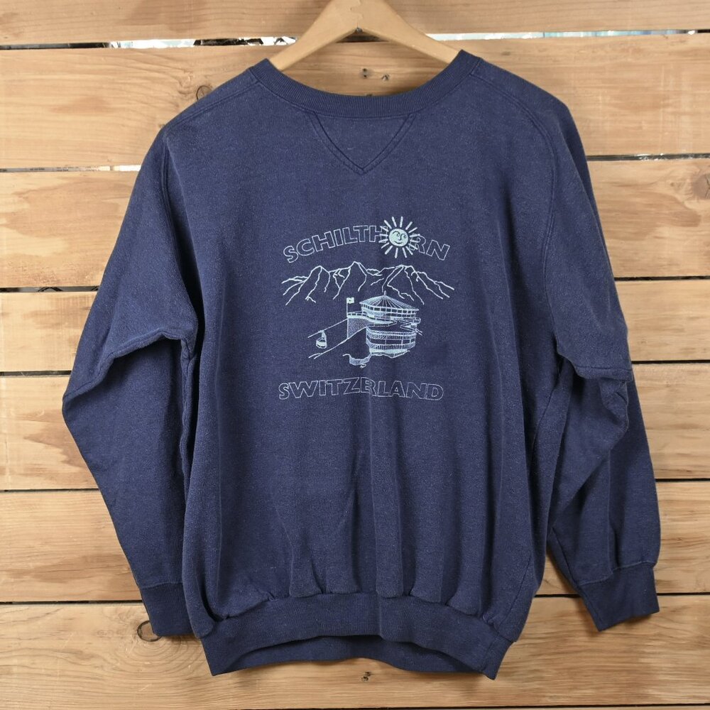 Vintage 90s Switzerland Schilthorn Alps Crew Neck Sweatshirt in Navy - Size LG